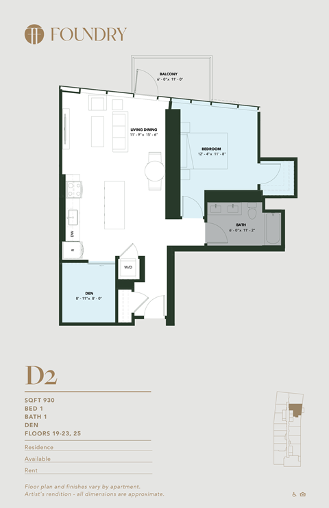 Floor plan for 1 bed, 1 bath, 930 sqft
